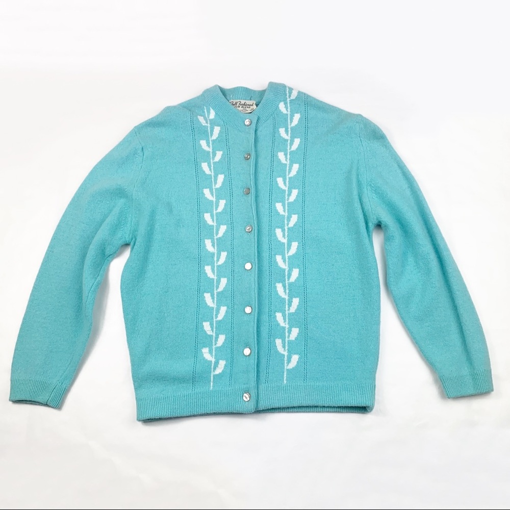 Vintage Baby Blue Button Up Long Sleeve Cardigan Sweater Lambs Wool Blend, XS